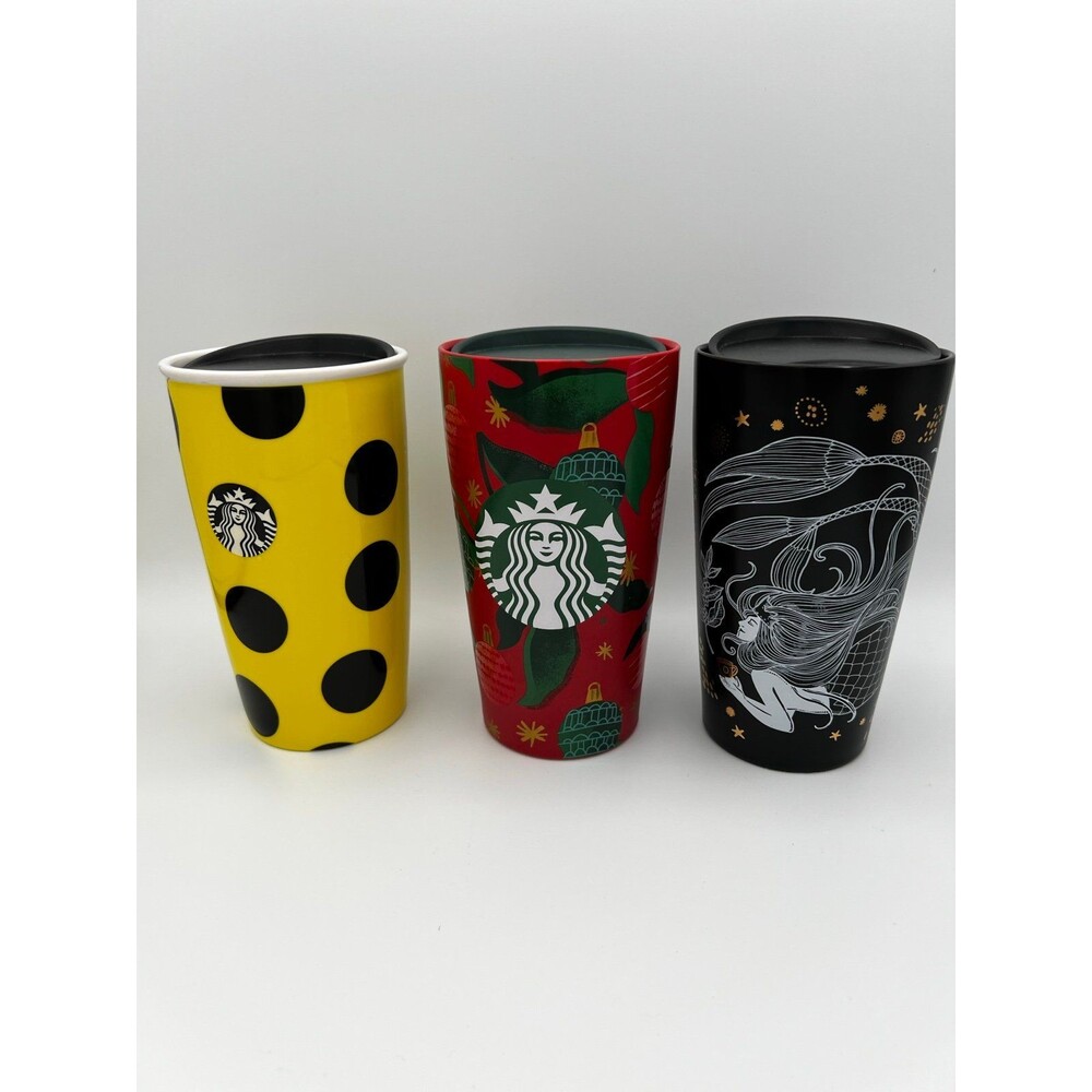 Starbucks Ceramic Travel Tumbler Mug Lot of 3 - Yellow Polka Dot, Holiday, Siren